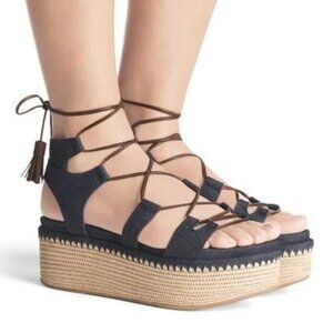 Stuart Weitzman Navy Blue Denim Romanesque Platform Sandals Espadrille Wedge